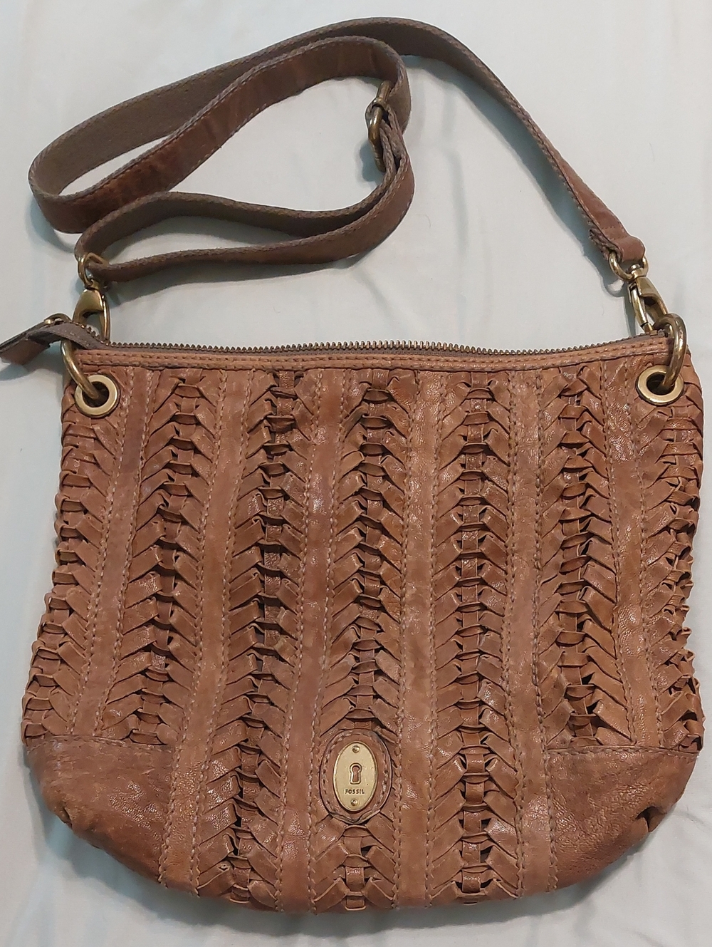 Fossil 1954 Tan Woven Leather Crossbody Bag